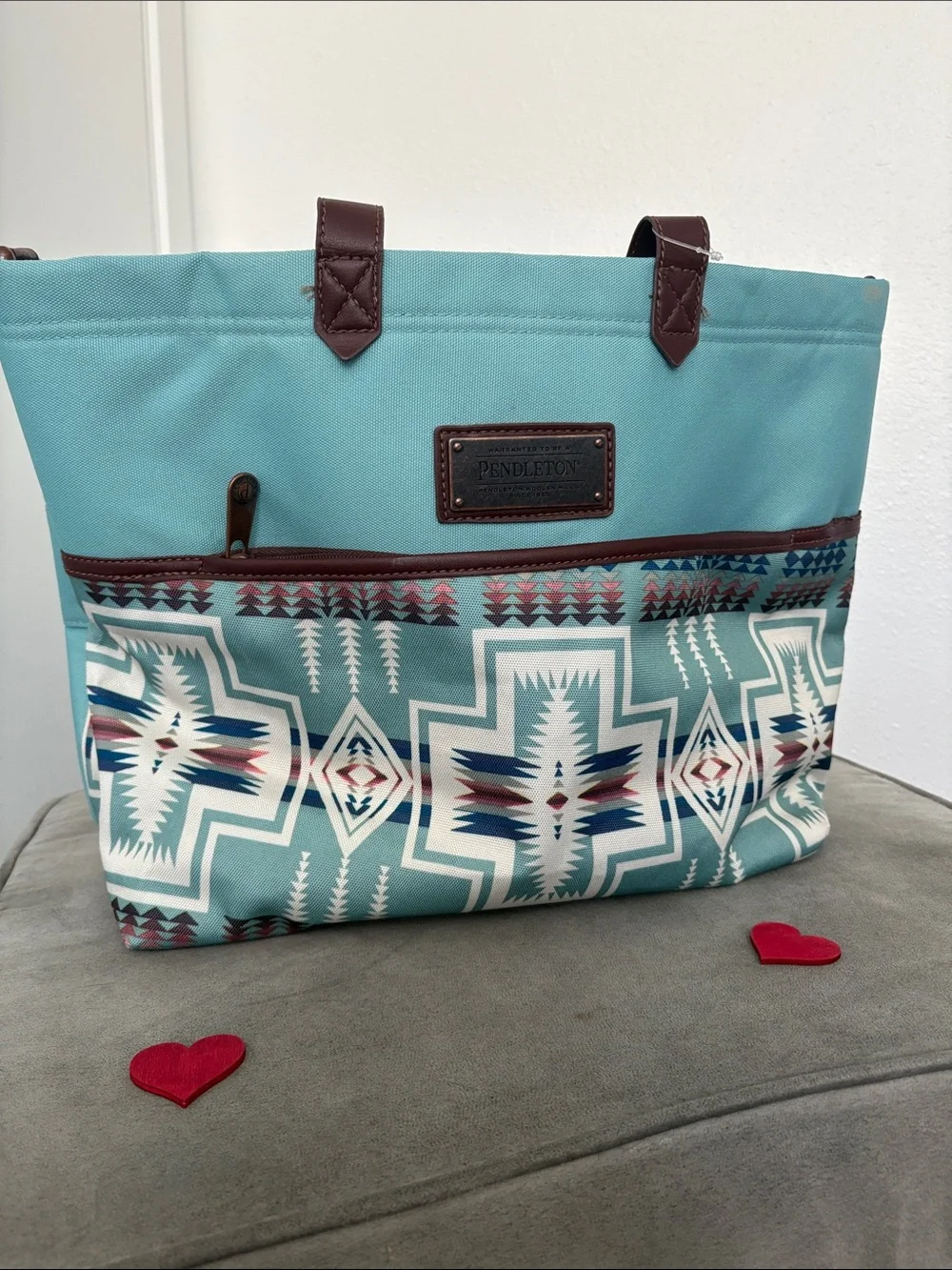 Pendleton Turquoise Aztec-Pattern Tote with Brown Trim